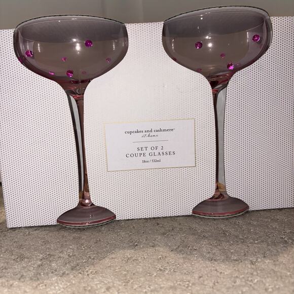 NEW Dotted PINK COUPE GLASSES Martini Margarita Cocktail 3D Dots Beaded SET OF 2 - Picture 2 of 6